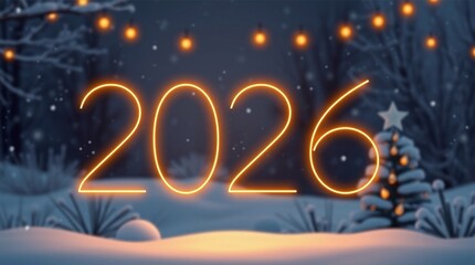 2026 New Year celebration design with big glowing numbers and winter snowy forest background
