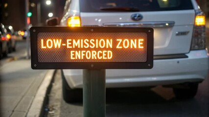Climate action environmental policy concept. A glowing sign indicating a low-emission zone, enforcing regulations for environmental protection in urban areas.