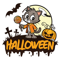 Halloween Cat With Lollipop And Pumpkin Against Moonlit Background Illustration