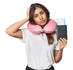 Middle Eastern woman ready for travel being shocked, she has remembered important meeting.