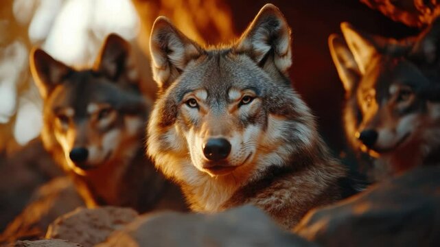 Wolf Pack Serenity: A captivating image of a wolf pack, their keen eyes conveying a sense of untamed wilderness and primal connection, basking in the soft glow of an autumn scene.