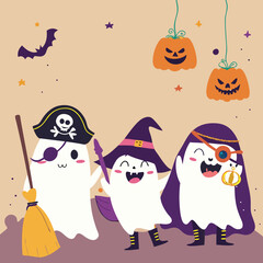 Obraz premium Cute cartoon ghost characters dressed in fun Halloween costumes like pirates, witches, and clowns.