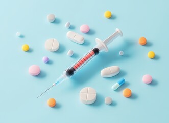 3d icon of syringe and pills on blue background for international nurses day