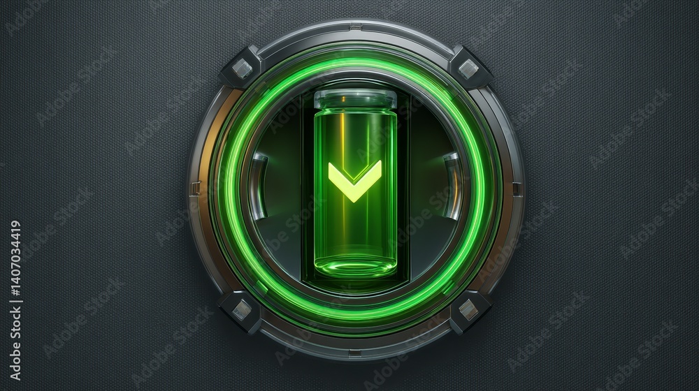 Poster green button with a yellow right arrow, symbol of forward direction and progress