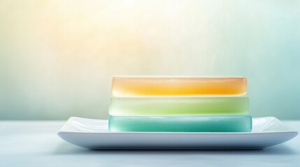 Colorful stacked soap bars on a white plate with a soft background, highlighting handmade artisanal products