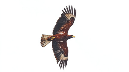 Soaring eagle in flight against a white background