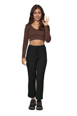 Middle Eastern woman, full body studio cheerful and confident showing ok gesture.