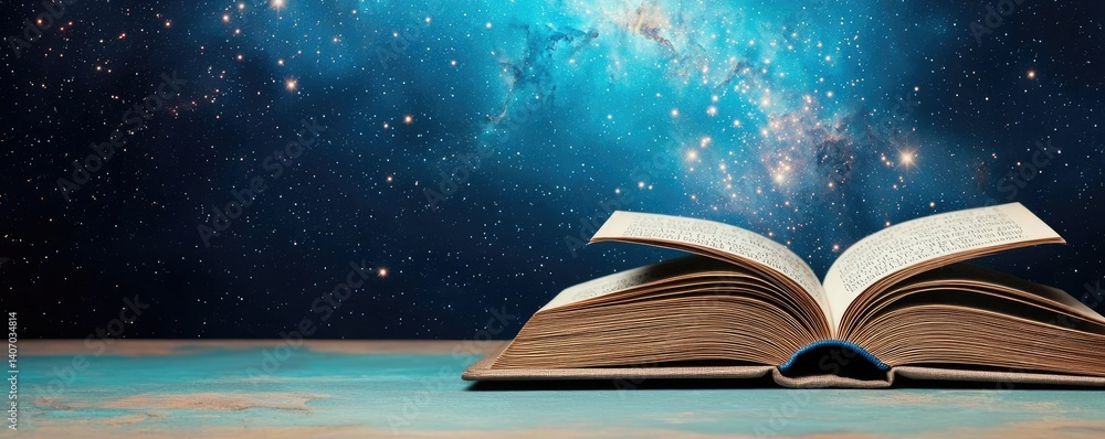 Aufkleber open book under starry sky reflecting universe of knowledge concept. an open book with a cosmic back