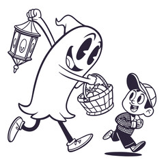 Retro Style Halloween Scene With A Ghost And Kid Outline Illustration