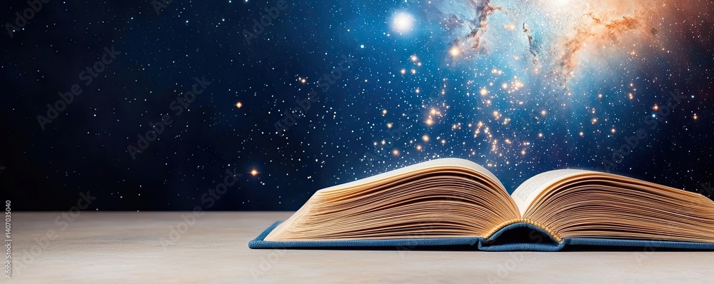 Poster open book under starry sky reflecting universe of knowledge concept. an open book against a cosmic b