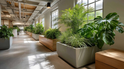 Bright and airy workspace blends contemporary design with lush greenery. Large plants in stylish planters create a refreshing environment, inspiring innovation and collaboration among team members