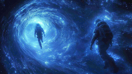 Daring explorers leap into an unstable quantum rift for multiverse exploration in futuristic outfits