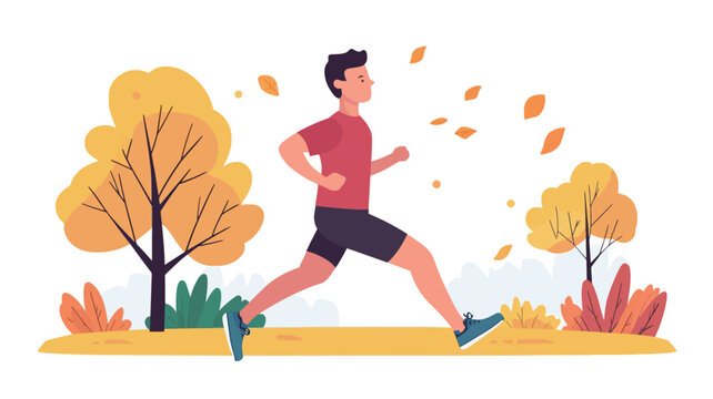 A vector illustration depicting a man jogging in a park during autumn. The style is flat and minimalist, with simple shapes and colors. The man is shown in profile, running to the right.