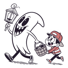 Cartoon Ghost Carrying Lantern With Boy Holding Candy Basket Illustration