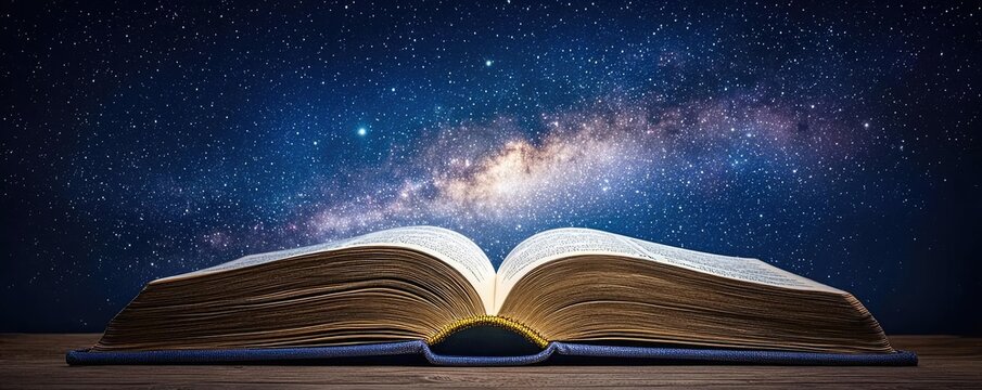 Open book under starry sky inspiring universe of learning concept. An open book against a starry night sky illustrates imagination.