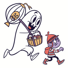 Ghost With Candy Basket Chasing Purple Boy Halloween Vector Illustration