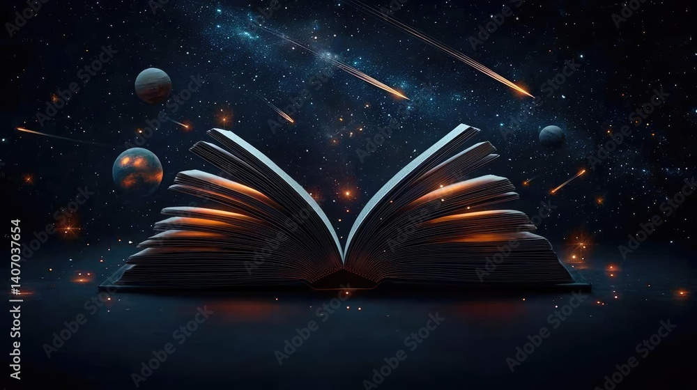 Poster open book under starry sky revealing universe of imagination concept. an open book with cosmic eleme
