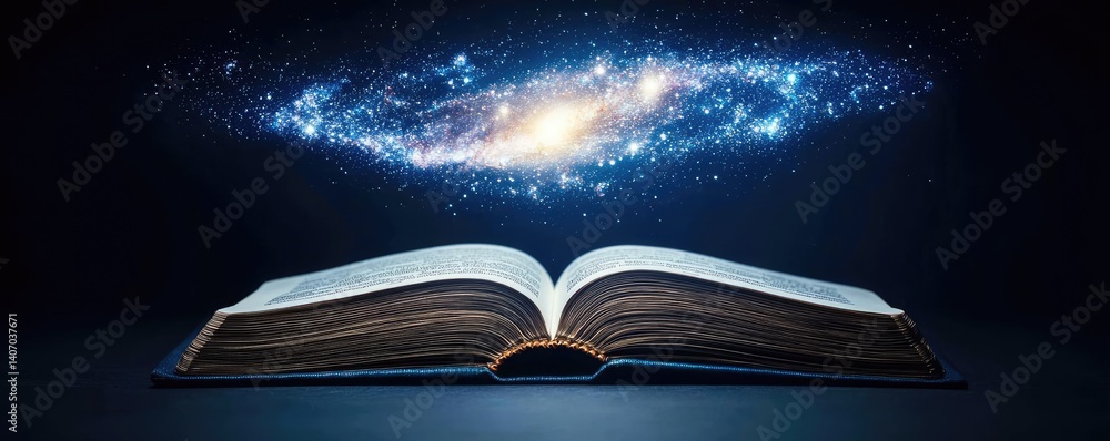Poster open book under starry sky inspiring universe of learning concept. an open book revealing a galaxy f