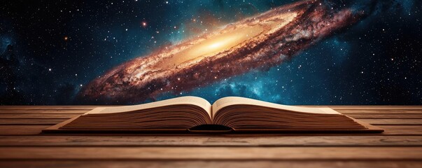 Naklejka premium Open book under starry sky revealing universe of imagination concept. An open book reveals the wonders of the universe.