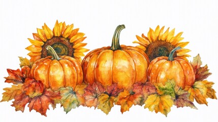 autumn's watercolor bounty showcases vibrant sunflowers pumpkins and colorful foliage in a delicate artistic arrangement evoking seasonal charm and warmth on a white backdrop