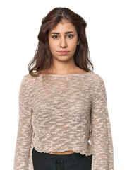 Middle Eastern woman in studio sad, serious face, feeling miserable and displeased.