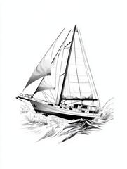 SAILBOAT ON WAVY WATER WITH BIG FLAG, DESIGNED IN SIMPLE OUTLINES FOR KIDS.