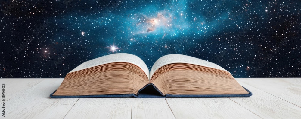 Poster open book under starry sky inspiring universe of learning concept. an open book showcasing the vastn