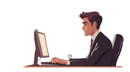 A vector illustration depicting a businessman in a dark suit and red tie sitting at a desk, focused on a desktop computer.  The illustration is clean and simple,