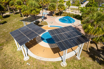 Coconut Grove, Miami, Florida - Feb 27, 2025: Overhead view of Regatta Park showing a solar-powered...