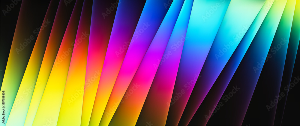 Poster bright diagonal gradient flowing lines in rainbow spectrum on black background. futuristic energetic