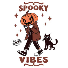Whimsical Halloween Illustration Pumpkin Head Character With Spooky Vibes And Cats