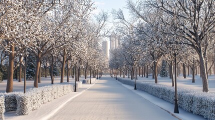 Snowy winter park alley.  Sunlight illuminates a paved path lined with snow-covered trees and hedges