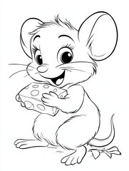 Fototapeta premium CUTE MOUSE HOLDING CHEESE, OUTLINED IN BOLD LINES, NO FILL FOR COLORING