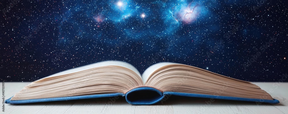 Poster open book under starry sky reflecting universe of knowledge concept. an open book against a starry c