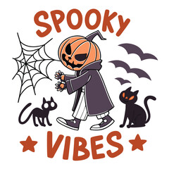 Obraz premium Spooky Halloween Vibes With Pumpkin Man Bats And Black Cats Vector Illustration