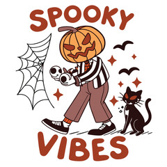 Halloween Pumpkin Head Character Spooky Vibes With Black Cat And Spider Web