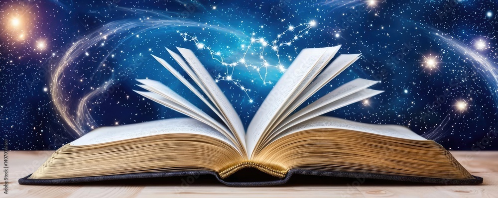 Poster open book under starry sky revealing universe of imagination concept. an open book reveals a cosmic 