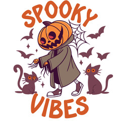 Fun Halloween Cartoon With Pumpkin Headed Character And Black Cats