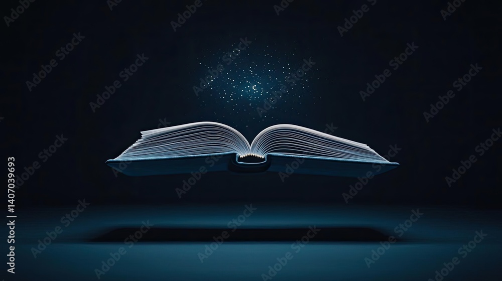 Poster open book under starry sky inspiring universe of learning concept. open book floating in dark space 