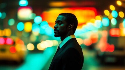 Pensive Man in Suit Amidst Vibrant City Lights at Night