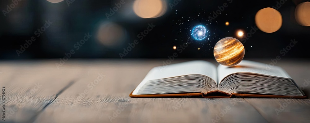 Poster open book under starry sky reflecting universe of knowledge concept. an open book with a planet and 