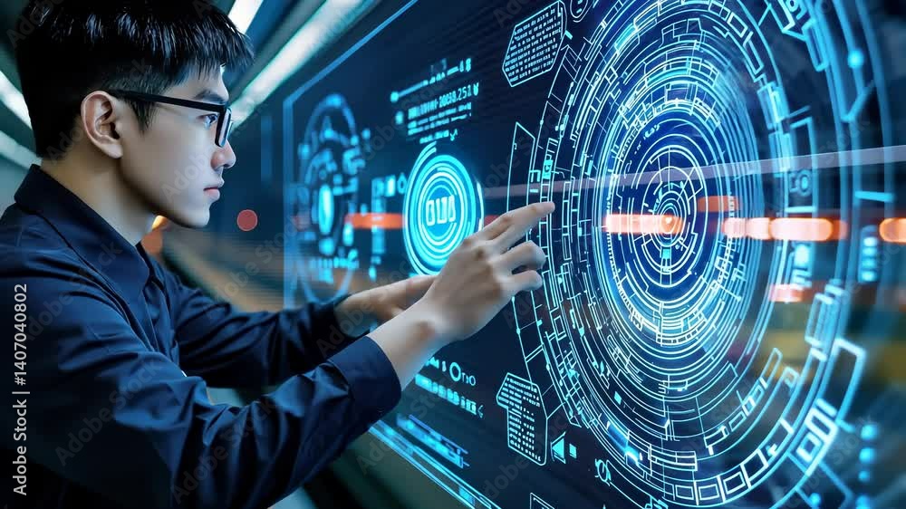 Poster professional engineer man monitoring high speed train system on tablet, displaying digital interface