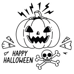 Spooky Hand Drawn Halloween Illustration With Pumpkin Skull And Lightning Bolt