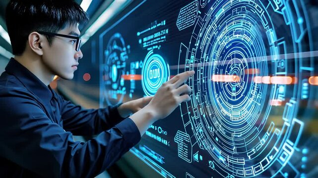 Professional engineer man monitoring high speed train system on tablet, displaying digital interface within sleek railway control center video 4k
