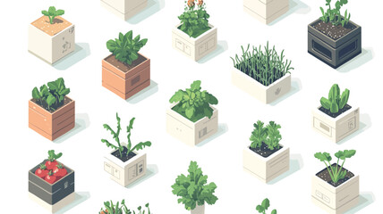 The image is a digitally created illustration featuring a repeating pattern of various herbs and vegetables grown in different types of square pots.