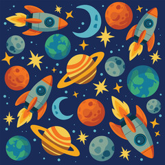 Seamless pattern with rockets, planets, moons, stars and space elements on dark background. Bright cartoon space design for kids and education materials.