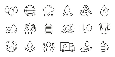 Water Conservation And Sustainability Line Icon Set. Hydration, Recycling, And Global Water Management Outline Symbol. Environmental Protection. Editable Stroke. Isolated Vector Illustration