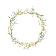 Soft watercolor floral wreath yellow and blue small flowers and meadow grasses isolated on white. Gentle round Easter frame of tiny wildflowers hand drawn templates for spring design cards, packaging.