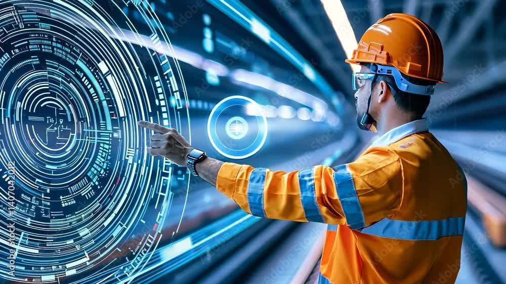 Poster professional engineer man monitoring high speed within system on tablet, displaying digital interfac