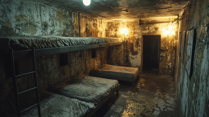 Survival community living in a military bunker after nuclear fallout with makeshift homes